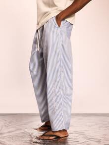 SUMWON Relaxed Fit Pull On Striped Pants With Embroidery Details Summer Casual Comfort Loungewear Drawstring Waistband - Blue and White - View 5