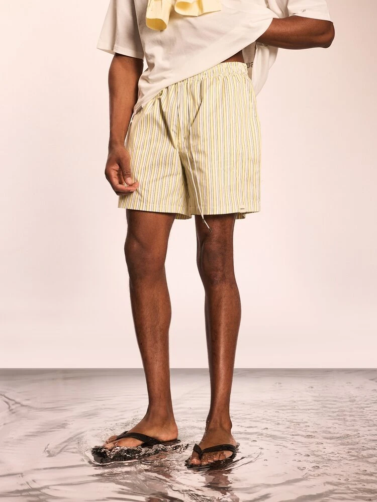 Sunga Listrada Verticalmente Amarela, Comprimento Médio da Coxa, Shorts de Praia de Nylon, Férias de Verão, Casual à Beira da Piscina, Cintura Elástica, Secagem Rápida