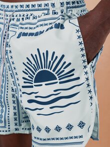 SUMWON Celana Pendek Pantai Motif Bandana Biasa dengan Tali Serut di Pinggang Motif Matahari Terbenam, Celana Renang Musim Panas Motif Ombak Laut - Biru - View 8