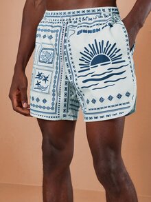 SUMWON Celana Pendek Pantai Motif Bandana Biasa dengan Tali Serut di Pinggang Motif Matahari Terbenam, Celana Renang Musim Panas Motif Ombak Laut - Biru - View 4