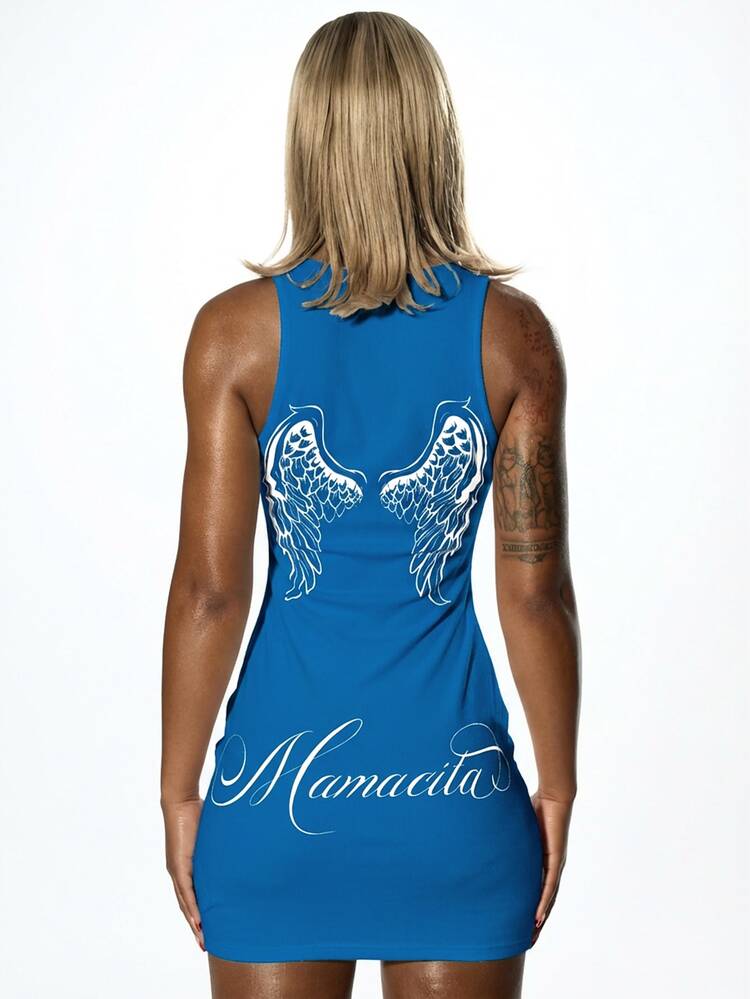 SUMWON WOMEN Ärmelloses Racerback Mini-Kleid mit Engelsflügel-Schrift-Grafik-Muster und U-Boot-Ausschnitt Tank-Stil Sommer Lässig Bodycon Passform