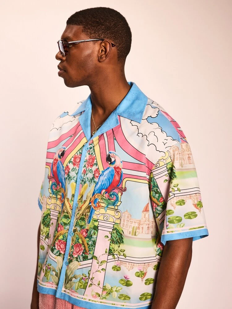 SUMWON All Over Printed Resort Shirt With Tropical Parrots