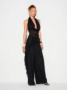 KIZN Chiffon Halter Neck High Low Cami With Deep V Plunge And Ruffle Detail For Date Night Evening Party - Black - View 3