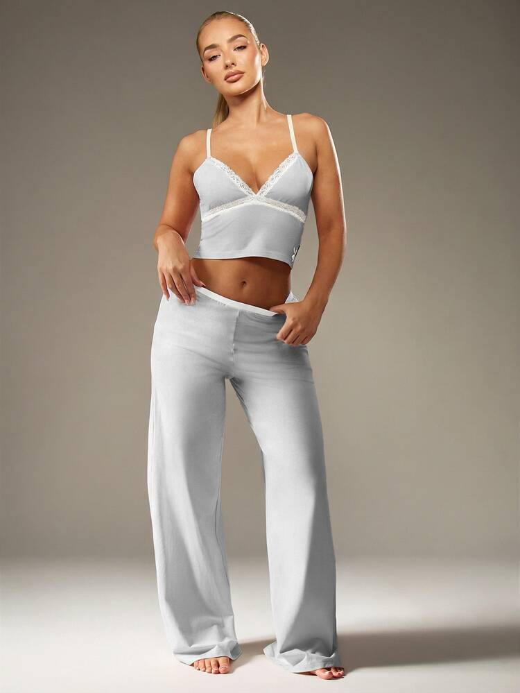 Missguided x Playboy Lace Trim Cami And Wide Leg Pants Pajama Set Loungewear Sleepwear