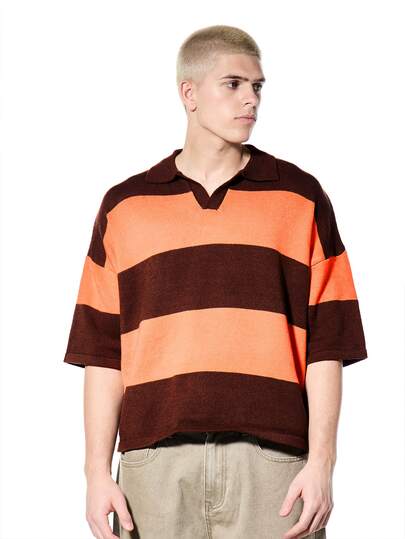 SUMWON 超大条纹Polo衫，短袖翻领，橄榄球风格针织衫，横条纹橙棕色撞色设计，休闲复古风。