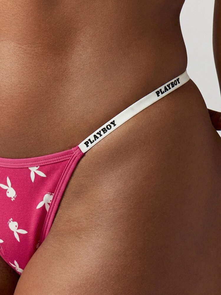 Missguided x Playboy Logo Print Thong Underwear With Elastic Waistband Hot Pink Bunny Pattern Intimate Apparel