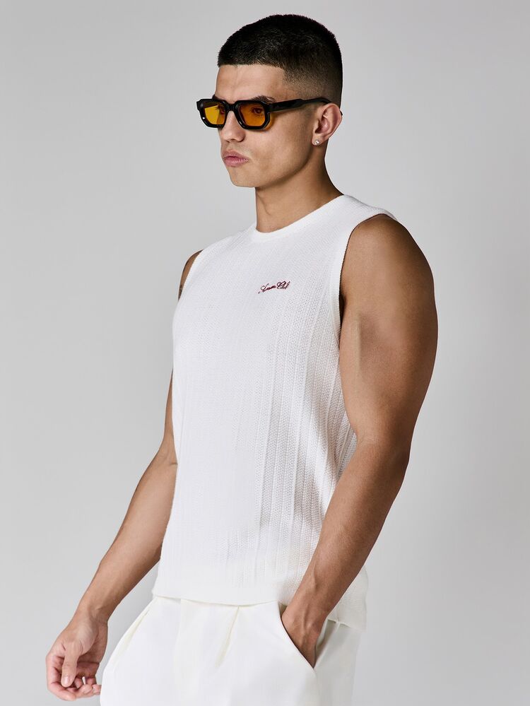 White Ribbed Knit Crew Neck Sleeveless Vest Tank Summer Casual Lightweight Mens Fashion Top