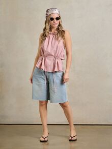 Rouah Women's Drawstring Waist Top In Rose Pink Lightweight Summer Casual Halter Blouse With Metal Toggles And Frill Neckline - Pink - View 7