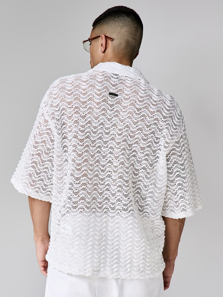 Camisa Branca de Renda com Botões e Mangas Curtas, Semitransparente, Casual de Verão para Praia e Férias, Top Leve de Moda Masculina
