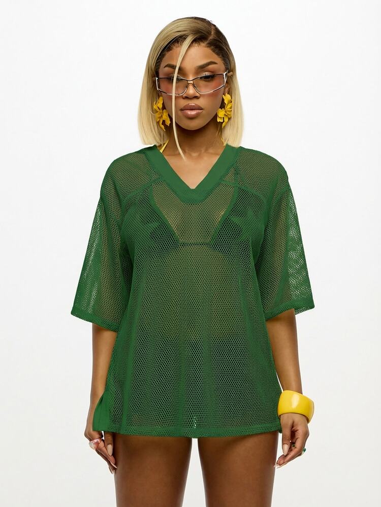 SUMWON WOMEN Oversized Green Mesh Beach Cover Up V Neck Short Sleeve Summer Pool Swimwear Layer