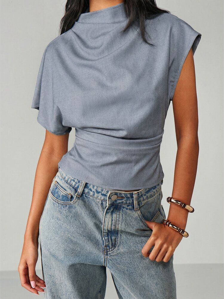 MISSGUIDED Mock Neck Short Sleeve Draped Blouse With Fitted Waist And Relaxed Silhouette For Casual Office Spring