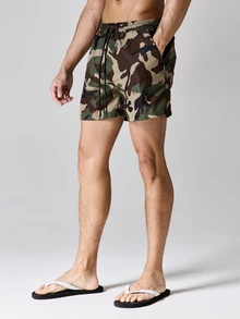 SUMWON 休闲迷彩抽绳泳装沙滩工装口袋夏季度假旅行泳池派对男士街头服饰 - 軍綠色 - 查看 5