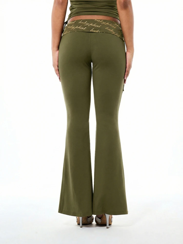BABYPHAT Olive Green High Waisted Flare Leggings With Side Tie Details And Text Print Waistband
