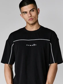 PLAYBOY X SUMWON Áo thun cổ tròn tay ngắn với viền trắng, chất liệu cotton đen, kiểu dáng thường ngày, thích hợp cho mùa hè và phong cách đường phố. - màu đen - Xem 4