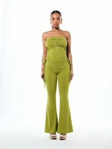 BABYPHAT Olive Side Tie Flare Leggings With Text Print Detail High Waisted Stretchy Fashion Bottoms - Lime Green - View 3