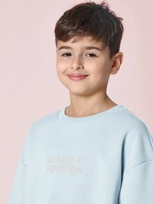 SUMWON Bộ đồ gồm áo thun và quần ống rộng màu xanh nhạt dáng rộng dành cho bé trai, in chữ "Make It Happen". - Màu xanh lam - Xem 5