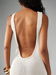 MISSGUIDED Gaun Maxi Rajut Tanpa Lengan dengan Detail Potongan Punggung Terbuka yang Dalam, Gaya Bodycon Panjang, Cocok untuk Liburan Musim Panas di Pantai, Resor, dan Acara Malam yang Elegan. - Putih - View 3