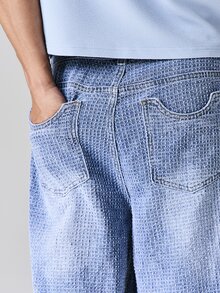 SUMWON Textured Denim Wide Leg Baggy Knee Length Jorts With Side Pockets And Classic Five Pocket Design - Blue - View 4