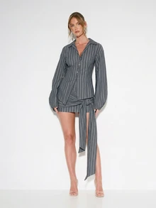 KIZN KIZN Pinstripe Button Down Asymmetric Balloon Sleeve Collared Shirt With Waist Tie Detail - Navy Blue - View 4