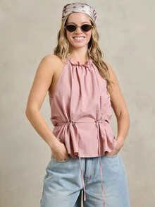 Rouah Women's Drawstring Waist Top In Rose Pink Lightweight Summer Casual Halter Blouse With Metal Toggles And Frill Neckline - Pink - View 6