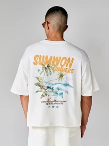 SUMWON Summer Tropical Beach Vacation Short Sleeve Crew Neck Regular Fit Graphic Print Casual Tee With Palm Trees Ocean Waves Text Design - White - View 1