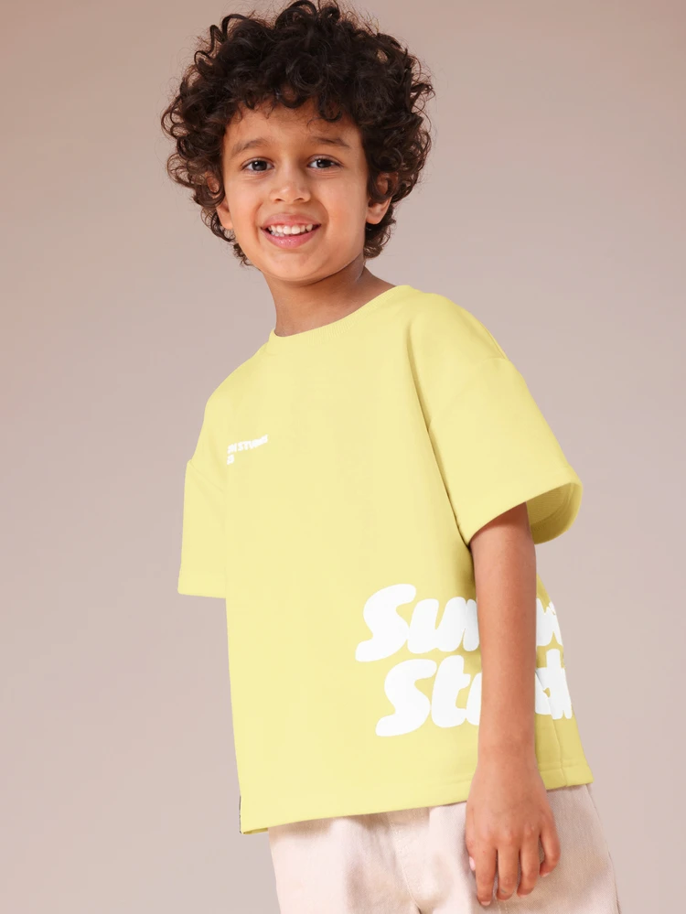 Boys Casual Summer Short Sleeve T-Shirt With White Text Print And Round Neckline