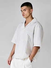 SUMWON Boxy Fit Short Sleeve Vertical Stripe Resort Shirt With Spread Collar Button Front Casual Summer Beach Vacation Shirt Relaxed Weekend - Blue - View 5