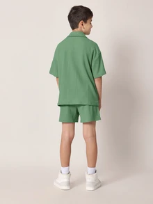 SUMWON 大童夏季休闲宽松版型 Polo 领纹理衬衫套装，含配套短裤 - 綠色 - 查看 2