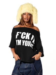SUMWON WOMEN Off Shoulder Oversized Graphic Tee With Bold Statement Print Casual Boxy Fit Relaxed Style Top - Black - View 4