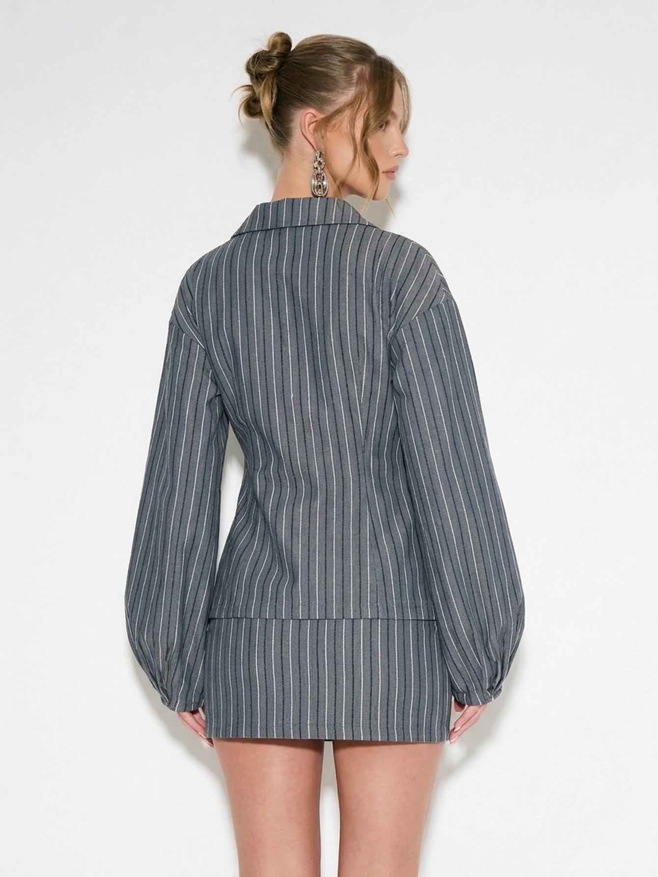 KIZN Pinstripe Asymmetric Balloon Sleeve Shirt With Tie