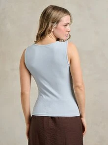 Rouah Áo thun nữ màu xanh pastel dệt kim gân, cổ vuông, không tay, ôm sát cơ thể, chất liệu co giãn cao cấp, thích hợp để mặc nhiều lớp vào mùa xuân. - Màu xanh lam - Xem 2