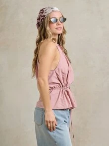 Rouah Women's Drawstring Waist Top In Rose Pink Lightweight Summer Casual Halter Blouse With Metal Toggles And Frill Neckline - Pink - View 5