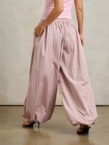 Rouah Quần dài nữ dáng harem rộng rãi, chất liệu vải nhẹ, có họa tiết, co giãn, ống quần loe rộng, màu tím nhạt, phong cách boho, thích hợp cho kỳ nghỉ xuân hè 2026. - Hồng - Xem 2