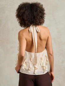 Rouah 女士高领露背吊带衫，奶油色纹理薄纱，多层荷叶边前襟，露背系带上衣，适合夏季派对 - 米色 - 查看 2