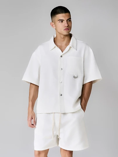 SUMWON White Denim Co Ord Set Button Front Shirt And Matching Shorts Two Piece Summer Casual Outfit Oversized Relaxed Fit Point Collar Short Sleeve