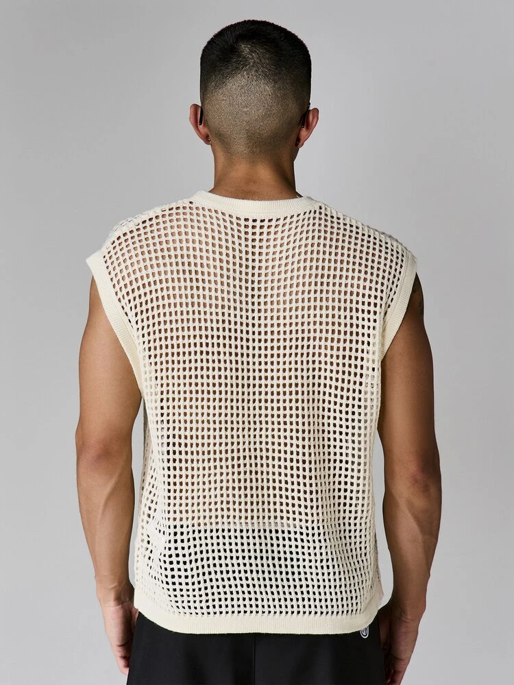 오픈 니트 메쉬 민소매 스웨터 조끼 크루넥 탱크탑 여름 통기성 캐주얼 레이어링 필수 경량 니트웨어