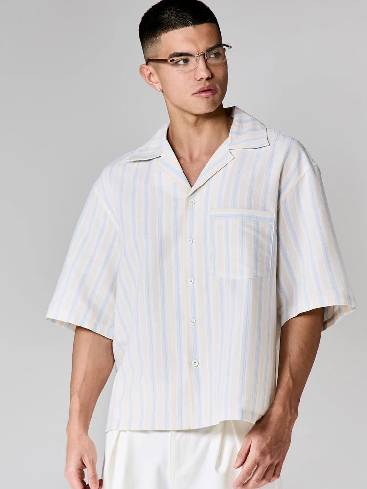 SUMWON Boxy Stripe Resort Shirt With Spread Collar