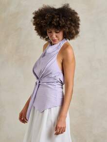 Rouah Blusa de verano con cuello halter, nudo delantero, espalda descubierta, cuello de vaca y bajo asimétrico en color lavanda púrpura - Morado - Ver 5