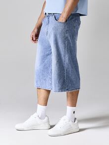 SUMWON Textured Denim Wide Leg Baggy Knee Length Jorts With Side Pockets And Classic Five Pocket Design - Blue - View 5