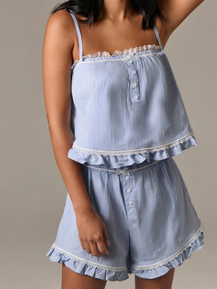Stripe Pajama Top With Lace Trim And Ruffle Hem