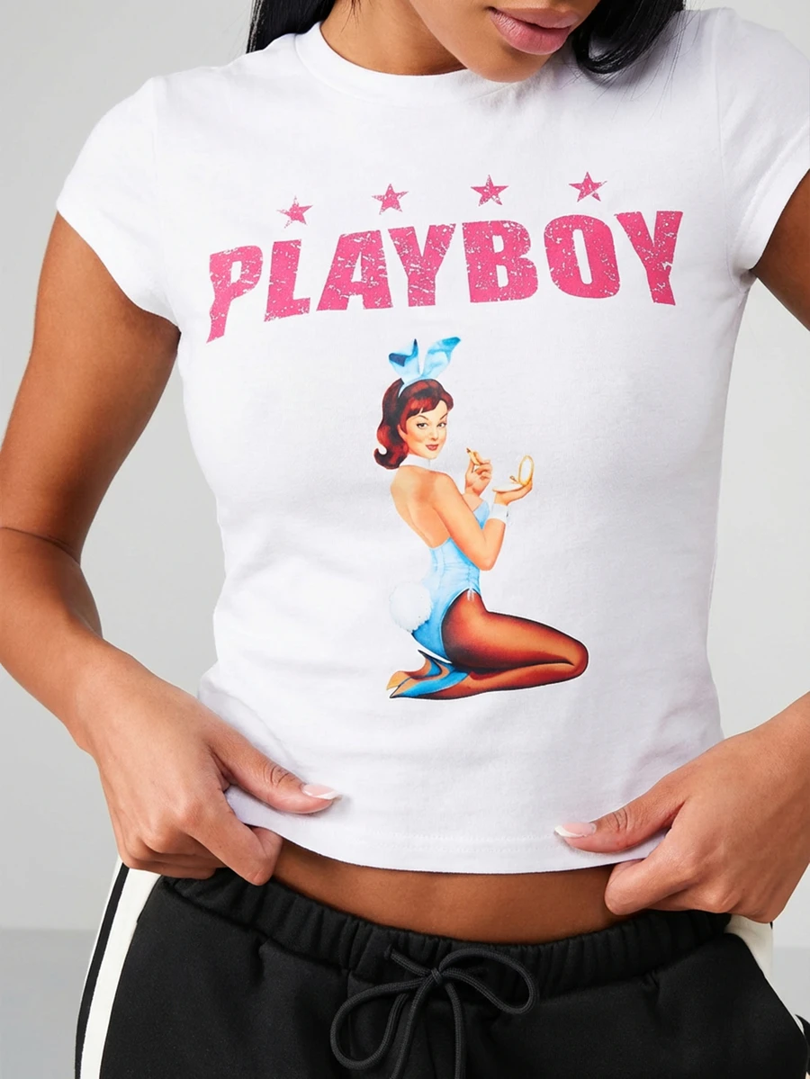 Missguided x Playboy Vintage Pin Up Girl Oversized Graphic Tee Short Sleeve Round Neck Crop Top Retro Logo Stars Print - White - View 1