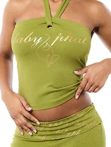 BABYPHAT Tie Neck Halter Style Jersey Top With Text Embellishment And Decorative Script Details - Lime Green - View 4