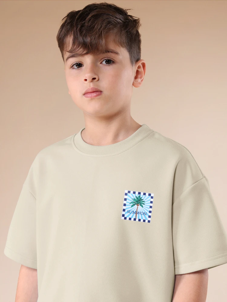 Oversized Tween Sage Crew Neck Short Sleeve Tee With Square Patch Print Casual Everyday Basic Top