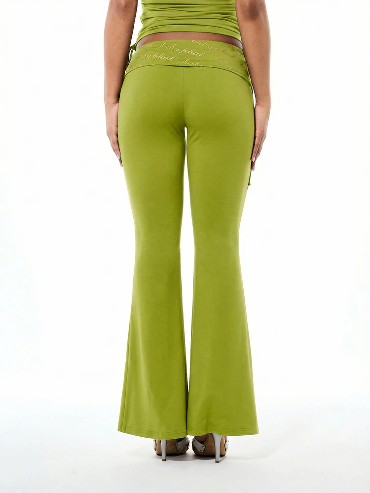BABYPHAT Olive Side Tie Flare Leggings With Text Print Detail High Waisted Stretchy Fashion Bottoms