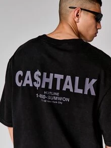 SUMWON Camiseta gráfica de algodón lavado de manga corta con diseño de texto impreso en la espalda, estilo casual de streetwear para verano y primavera - Negro - Ver 7