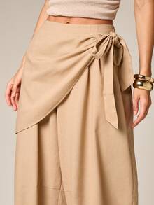 Barrel Leg Wrap Detail High Rise Wide Leg Palazzo Trousers With Tie Front Closure Casual Summer Relaxed Fit Pants - Khaki - View 4