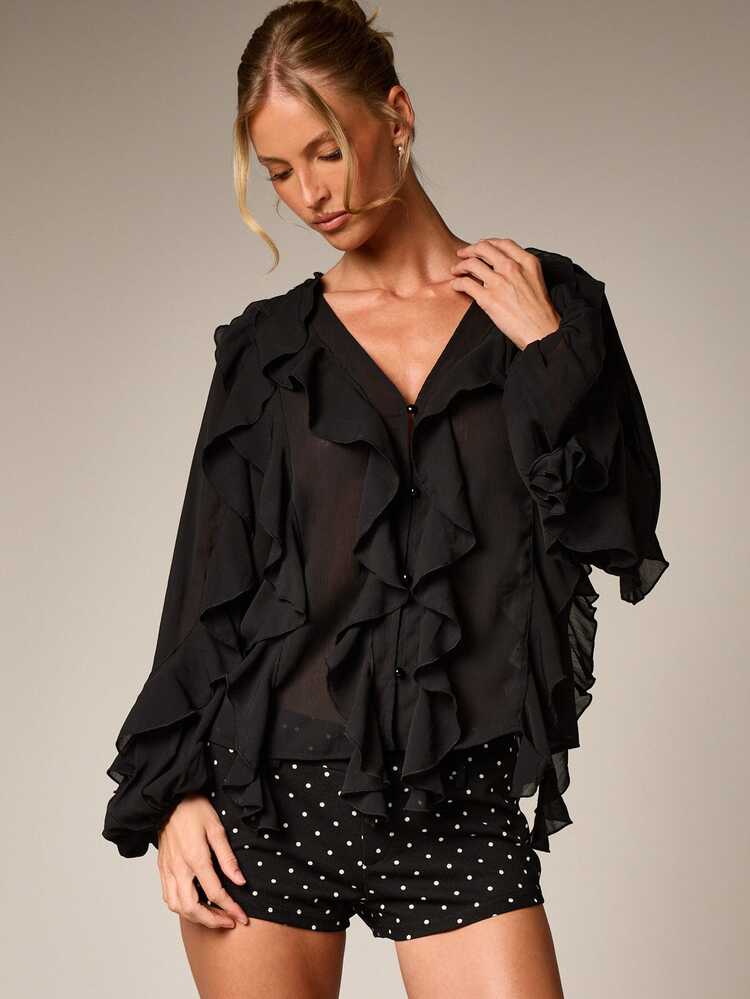 AiiRZ Black Chiffon Balloon Sleeve Ruffled Button Front Blouse With Dramatic Statement Ruffles Fall Fashion