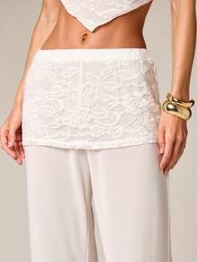 AiiRZ Fold Over Lace Panel Wide Leg Palazzo Trouser High Rise Flowing Summer Elegant Party Evening Formal Casual Spring - White - View 4