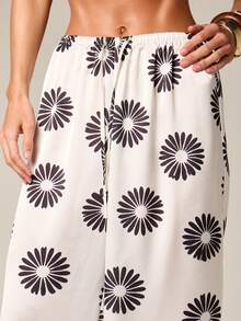 Floral Daisy Print Satin Drawstring Wide Leg Palazzo Pants Summer Casual Loose Fit High Rise Elastic Waist Boho Beach Vacation Trousers - Multicolor - View 4