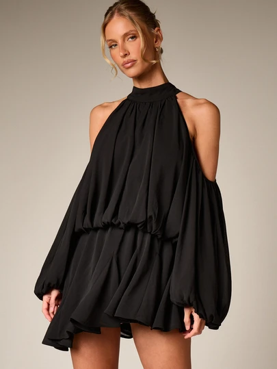 AiiRZ Black Cold Shoulder Halter Neck Mini Dress With Blouson Sleeves And  Tiered Ruffle Hem For Party Evening Occasions Wedding GuestMISSGUIDED